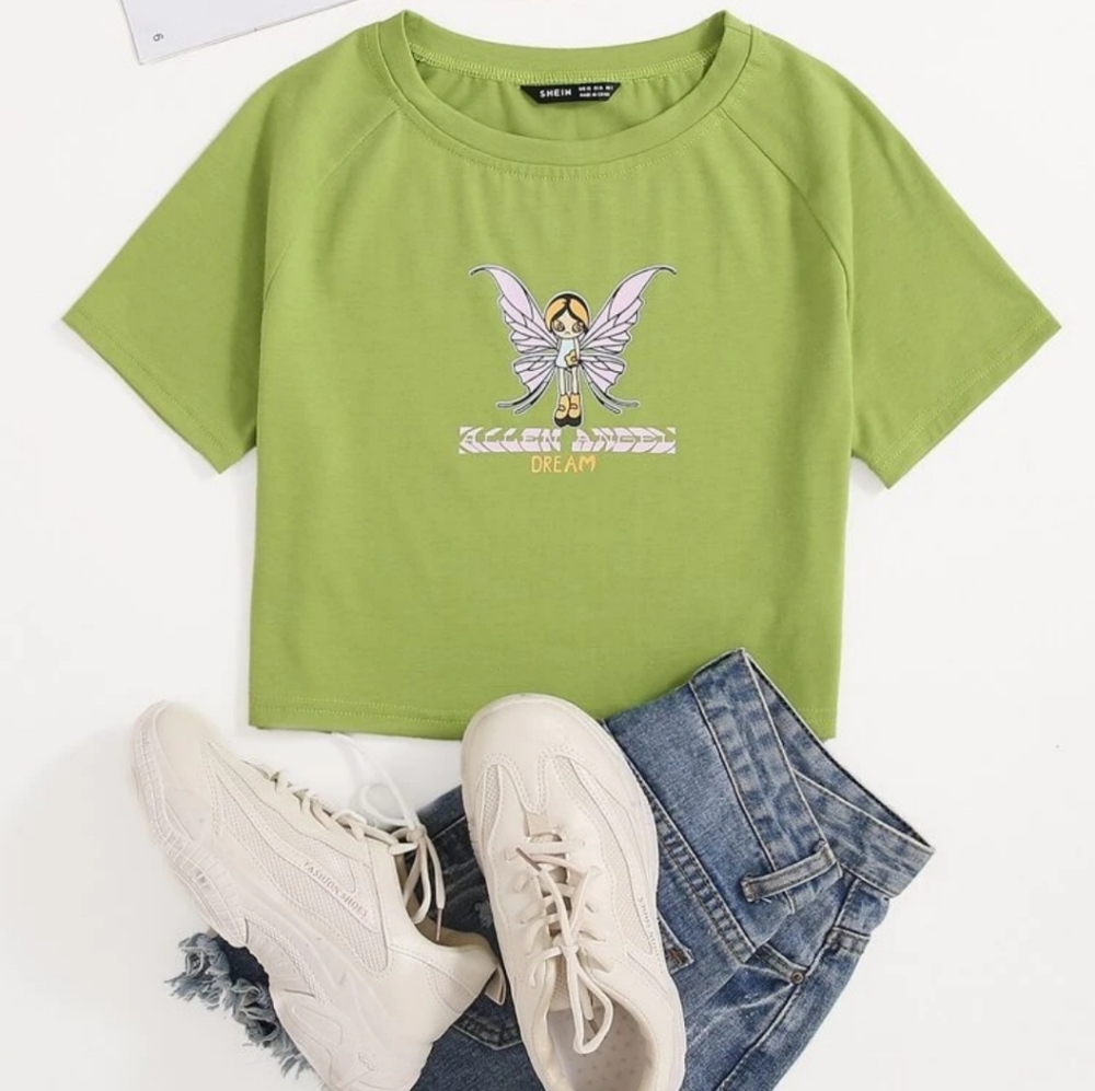 Shein Green Letter & Cartoon Graphic Crop Tee